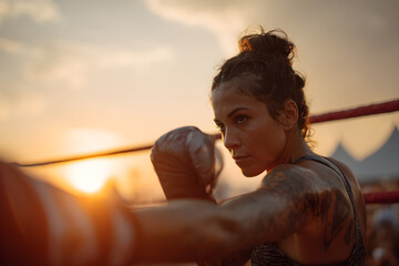 Dynamic Sunset Showdown: Brazilian Female Fighter Delivering a Powerful Punch in Outdoor Ring With Over-the-Shoulder Camera Perspective
