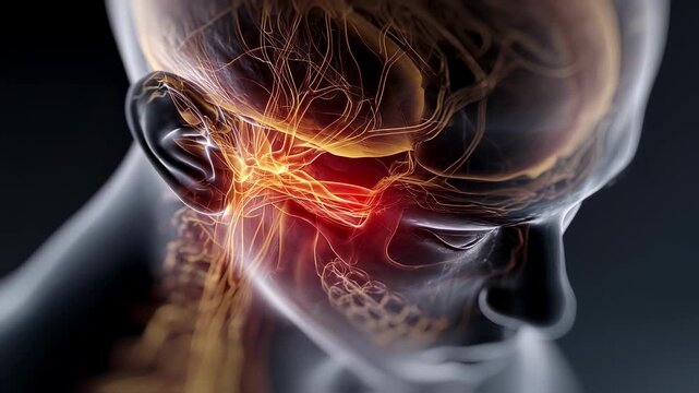 Closeup digital animation highlighting a unilateral fiery flare in the trigeminal nerve area demonstrating the sharp localized pain pathway during cluster headaches.