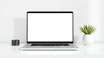 Modern laptop with blank screen and desk accessories on a white surface