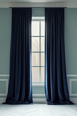 Elegant navy blue curtains frame a window in a serene room.