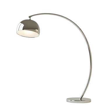 Arched chrome floor lamp casts a soft glow in the dark