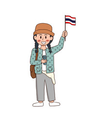 A girl with braids, hat, waving Thai flag, holding a drink