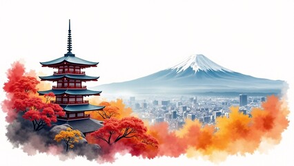 Obraz premium Japanese Pagoda, Mount Fuji, Autumn Cityscape