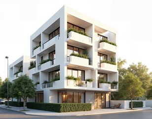 Modern white building with balconies and greenery architecture