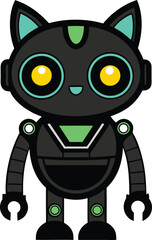 Cute black robot cat character with green accents isolated on white background