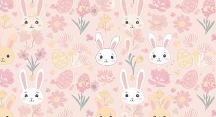 Easter pastel bunnies, eggs, and floral elements arranged in a repeating, delicate pattern over pale pink
