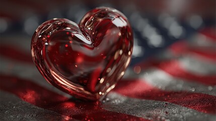 Shiny red heart on American flag glass reflection