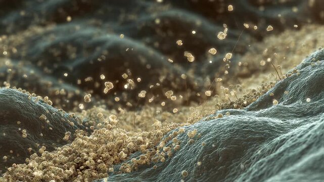 Highdetail CGI simulation of asbestos needle fibers embedding into pleura featuring muted metallic sheen and textured lung surfaces.