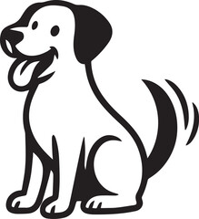 Happy Sitting Dog Vector – Black and White Silhouette with Wagging Tail and Tongue Out