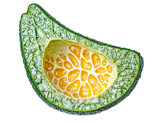 Close up of a sliced avocado with bright yellow flesh isolated on transparent background