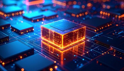 An advanced computer chip glows with vibrant orange energy on a futuristic blue circuit board, symbolizing AI and big data processing.