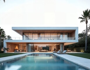 Fototapeta premium Modern white villa with swimming pool and palm trees architecture luxury