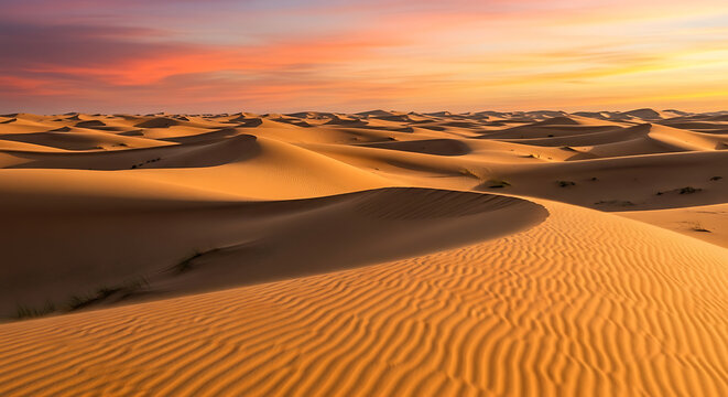 Golden sand dunes stretch across a vast desert landscape under a vibrant sunset sky with orange and pink hues.