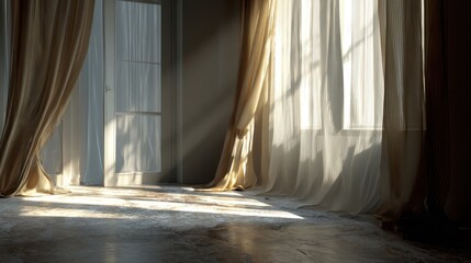 Sunlight streams through sheer curtains onto textured floor window