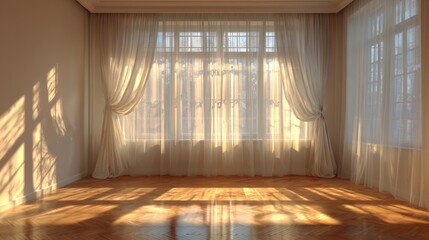 Sunlight streaming through sheer curtains onto polished wooden floor window fabric