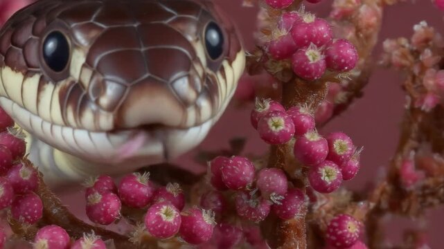 Close Up of Brown Scaled Snake with Black Eyes Surrounded by Delicate Pink Flowers on a Soft Pink Background in Striking Detail