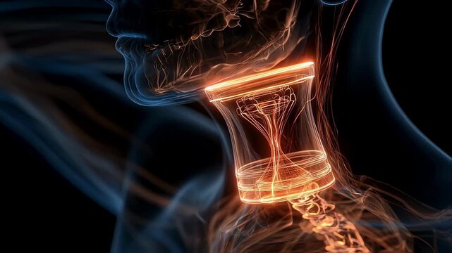 Closeup 3D rendering of tracheal constriction at subglottic level glowing hourglass highlighting typical croup airway obstruction.
