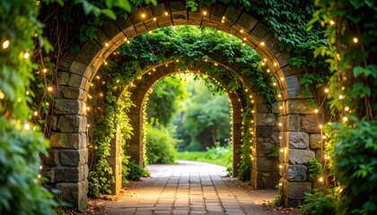 Stone archway garden path, lit by string lights. Lush greenery, evening light