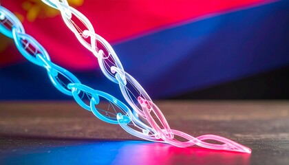 Interlocking blue and pink glowing chains symbolizing connection, technology, and the abstract concept of a digital blockchain network