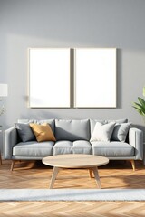 Modern living room with gray sofa and two blank picture frames