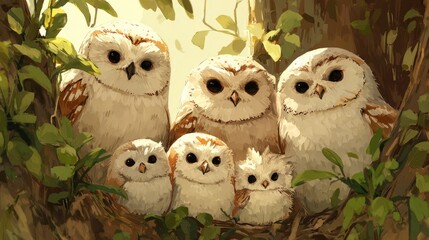 Adorable Family of Cartoon Owls Nestled Together in a Tree, Showcasing Warm, Soft Feathers and Playful Expressions in a Whimsical Forest Setting