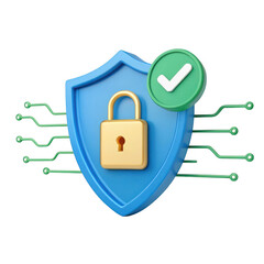 3d secure shield with padlock and checkmark isolated on transparent background