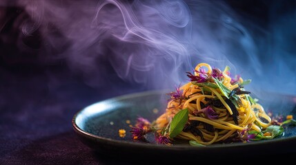 Steaming Plate of Freshly Prepared Noodle Dish Garnished with Colorful Herbs and Flowers on Dark Background with Ethereal Smoke Effect