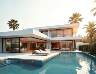 Fototapeta premium Modern white villa with swimming pool and palm trees image
