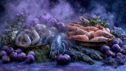 Vivid Display of Fresh Seafood and Vegetables with a Mystical Purple Background Featuring Shrimp and Exotic Purple Produce