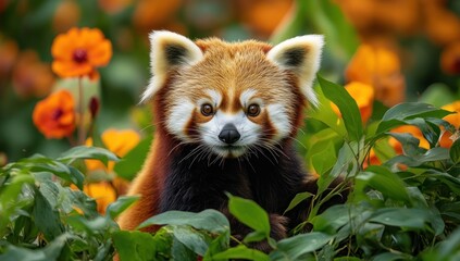 Adorable Red Panda Amidst Blooming Orange Flowers