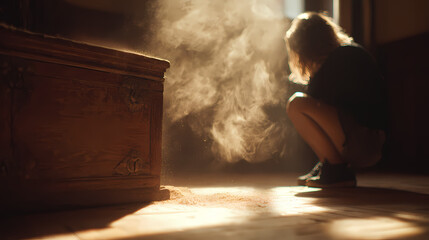 Woman crouched near wooden trunk