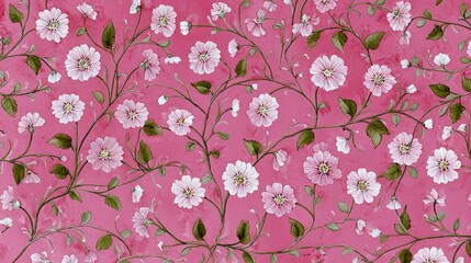 Vibrant Pink Floral Pattern with Hand-Painted White Flowers and Green Leaves, Perfect for Home Decor or Fabric Design, Ideal for Various Creative Projects