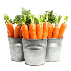 Fresh carrots in galvanized buckets isolated on transparent background