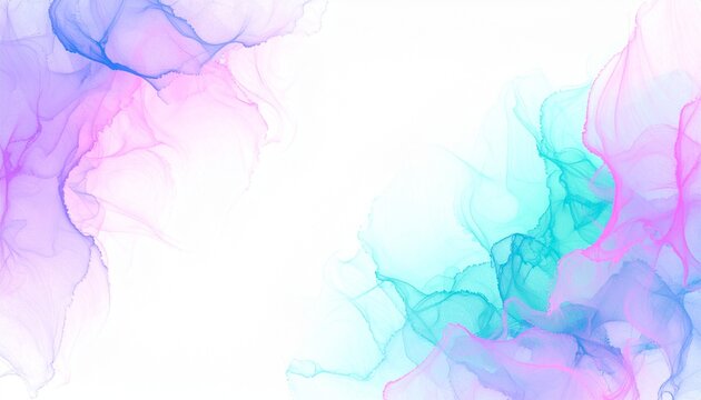 Ethereal alcohol ink background with flowing pastel colors. Abstract fluid art design in purple, pink, and turquoise on a white backdrop.