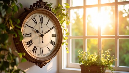 Old wall clock softly lit by natural window light