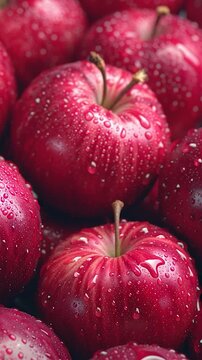 Vertical video Fresh Dewy Red Apples Close-Up. Perfect theme for healthy eating, natural produce, farming, freshness, organic food, and wholesome ingredients.