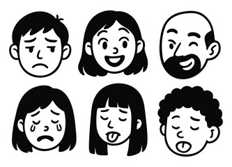Cartoon face set with different emotional expressions including sad, crying, silly, happy, and winking characters in black and white style
