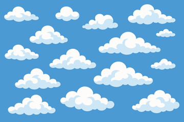 Flat cloud icon set with various simple shapes in white on blue background for weather, app, and web design
