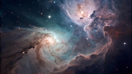 Obraz premium This image shows a beautiful and awe-inspiring view of a nebula or galaxy, filled with swirling clouds of gas and dust illuminated by the light of distant