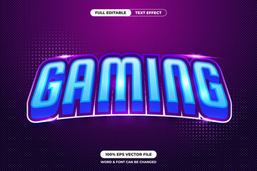 Vibrant blue "GAMING" text effect with a glossy cartoon style on a purple halftone background. Great for gaming thumbnails, kids&rsquo; games, or fun esports visuals. Fully editable vector