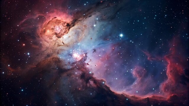 A stunning image captures a colorful nebula with vibrant cosmic dust and sparkling stars spread beautifully across the vast deep