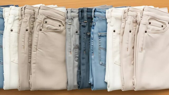 Arrangement Of Various Colors Jeans On Wooden Surface Displaying Textile And Fashion Collection