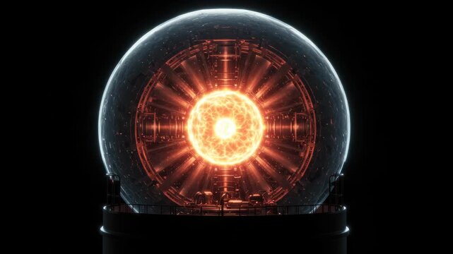 Futuristic energy core reactor concept with glowing plasma and complex mechanical design showing