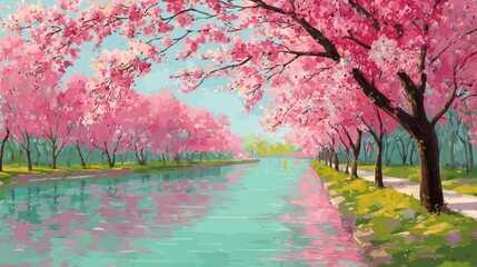 Fototapeta premium Pink blossoms line a river reflecting sky in colorful, picturesque landscape painting