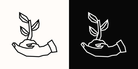 Hand with Sprouting Plant Icon in Black Line Art and White Line Art Cutout Style