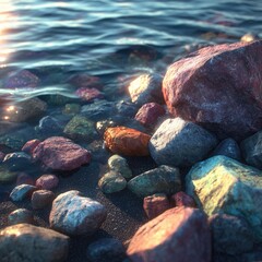 Obraz premium Colorful, smooth stones partially submerged in calm, shallow water at sunset, glistening with sunlight