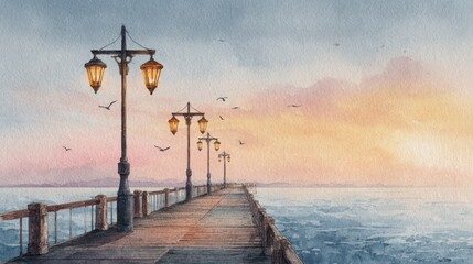 Watercolor painting of a pier with antique lamps, extending into the ocean at sunset