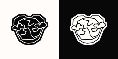 Earth with Heart Clouds Icon in Black Filled and White Filled Cutout Style