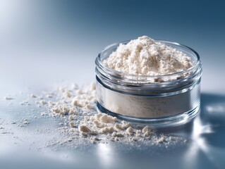 Overflowing jar of probiotic powder on gradient surface, bulk handling simulation for filling line capacity analysis