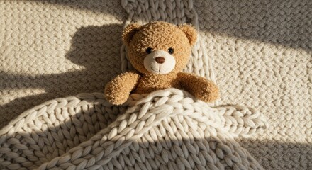 A teddy bear nestled under a textured beige knitted blanket, bathed in warm sunlight